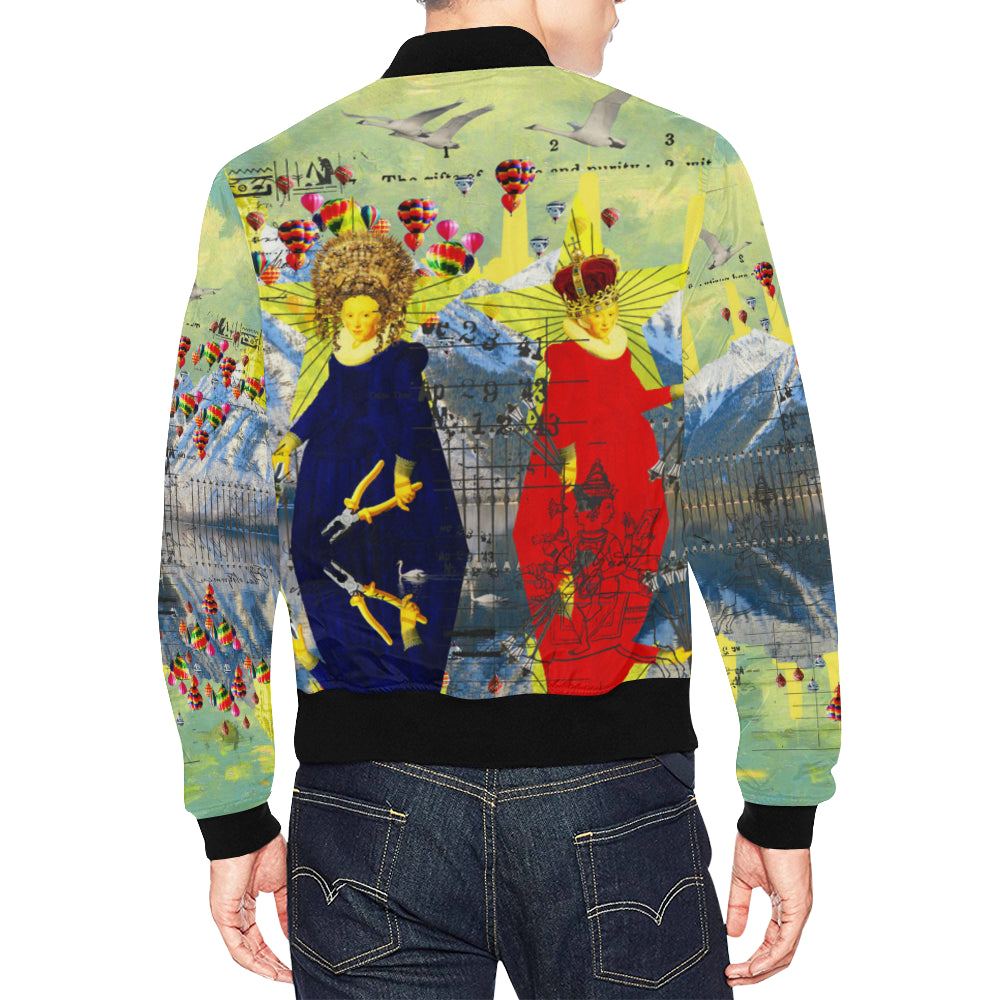 THE LAMPPOST INSTALLATION CREW VIII Bomber Jacket featuring vibrant all-over print design, zip front, and ribbed collar.