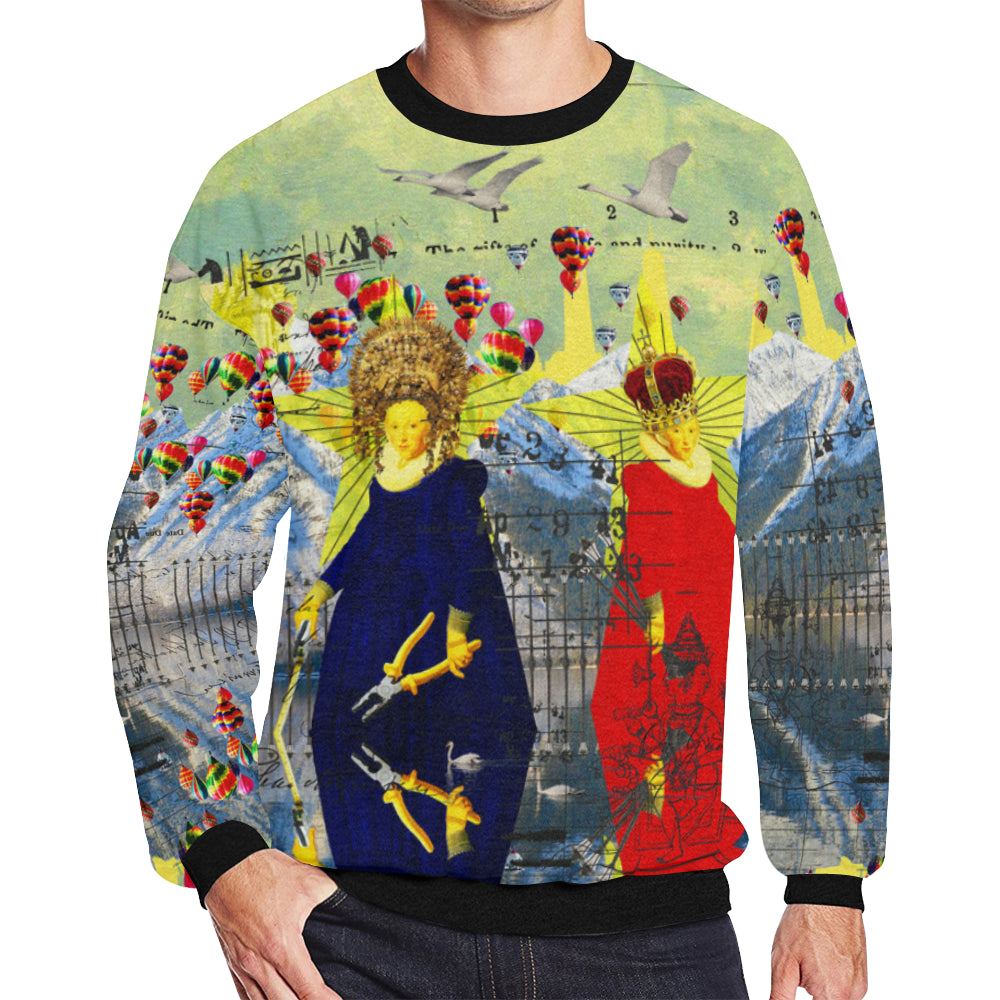 Men's oversized fleece sweatshirt featuring a vibrant collage print, perfect for street fashion.