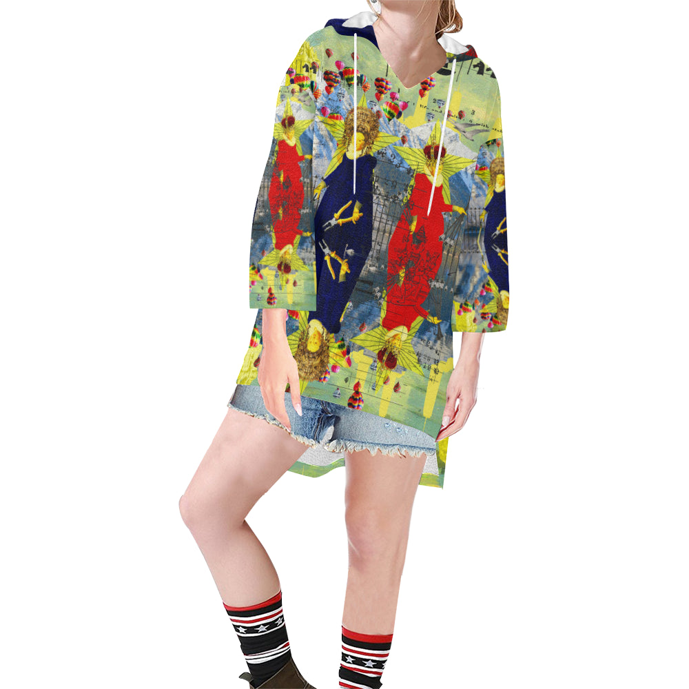 THE LAMPPOST INSTALLATION CREW VIII Unisex Step Hem Tunic Hoodie showcasing vibrant collage designs and a comfortable oversized fit.