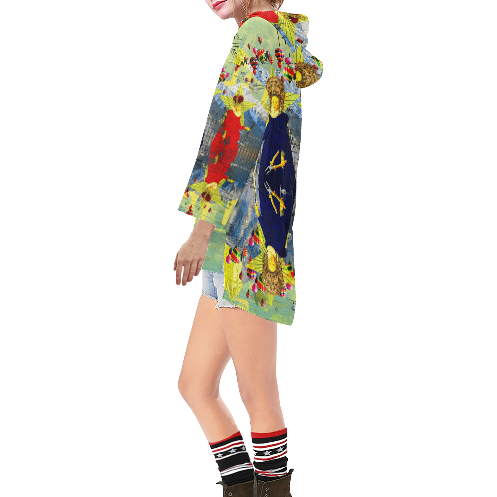 THE LAMPPOST INSTALLATION CREW VIII Unisex Step Hem Tunic Hoodie showcasing vibrant collage designs and a comfortable oversized fit.