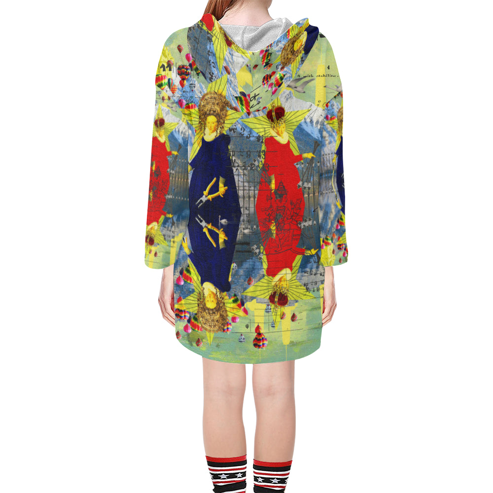 THE LAMPPOST INSTALLATION CREW VIII Unisex Step Hem Tunic Hoodie showcasing vibrant collage designs and a comfortable oversized fit.