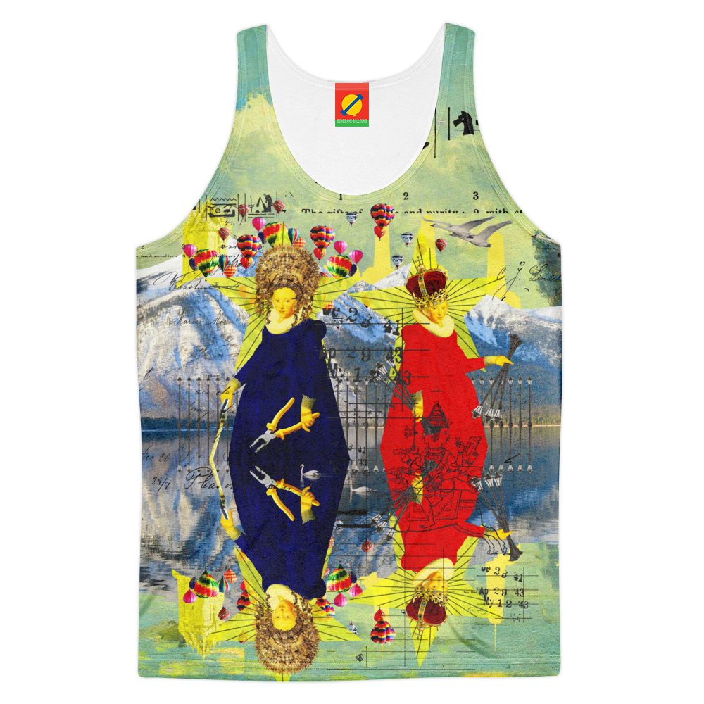 A vibrant women's tank top featuring an all-over sublimation print in bright colors, made from soft polyester imitation cotton.