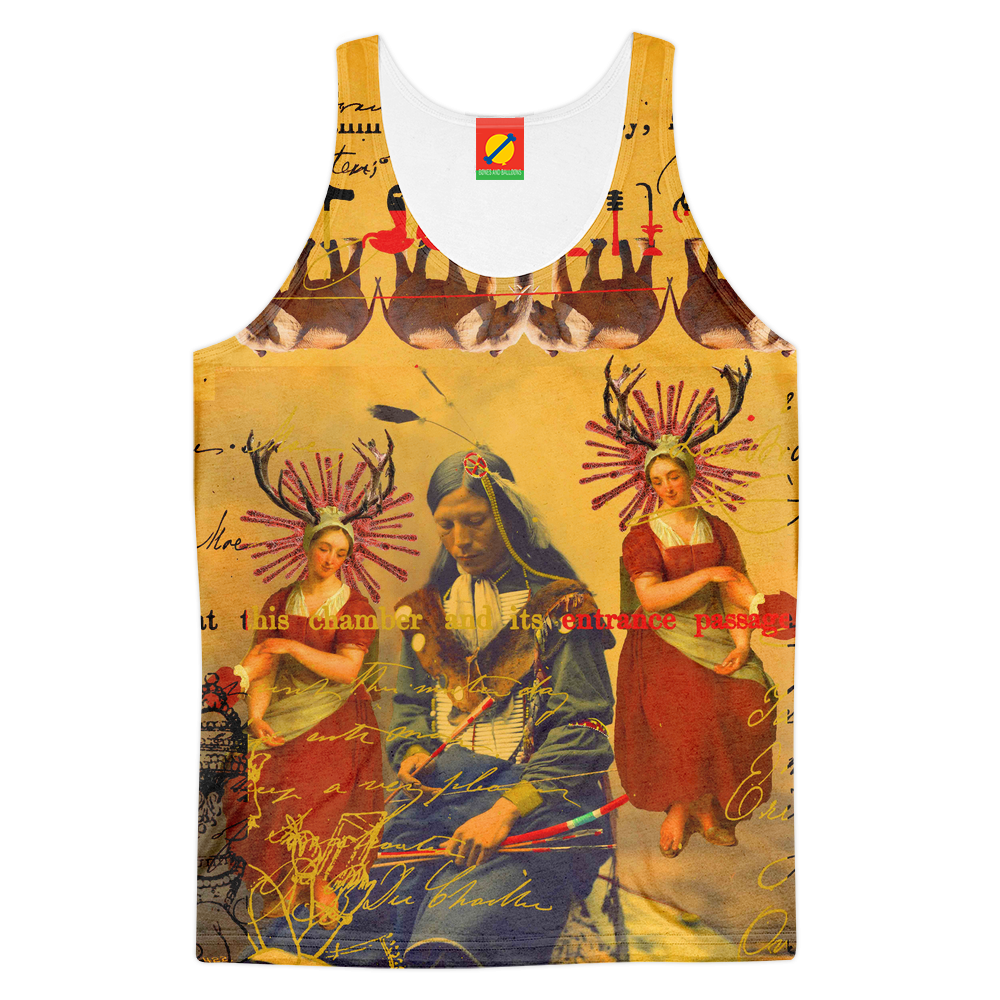 Men's tank top featuring an all-over vibrant sublimation print, showcasing colorful designs on both sides.