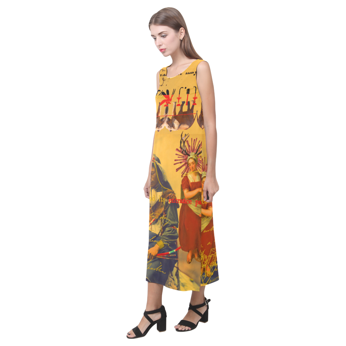 A vibrant sleeveless dress featuring colorful collages, made from soft polyester and spandex blend, perfect for summer wear.