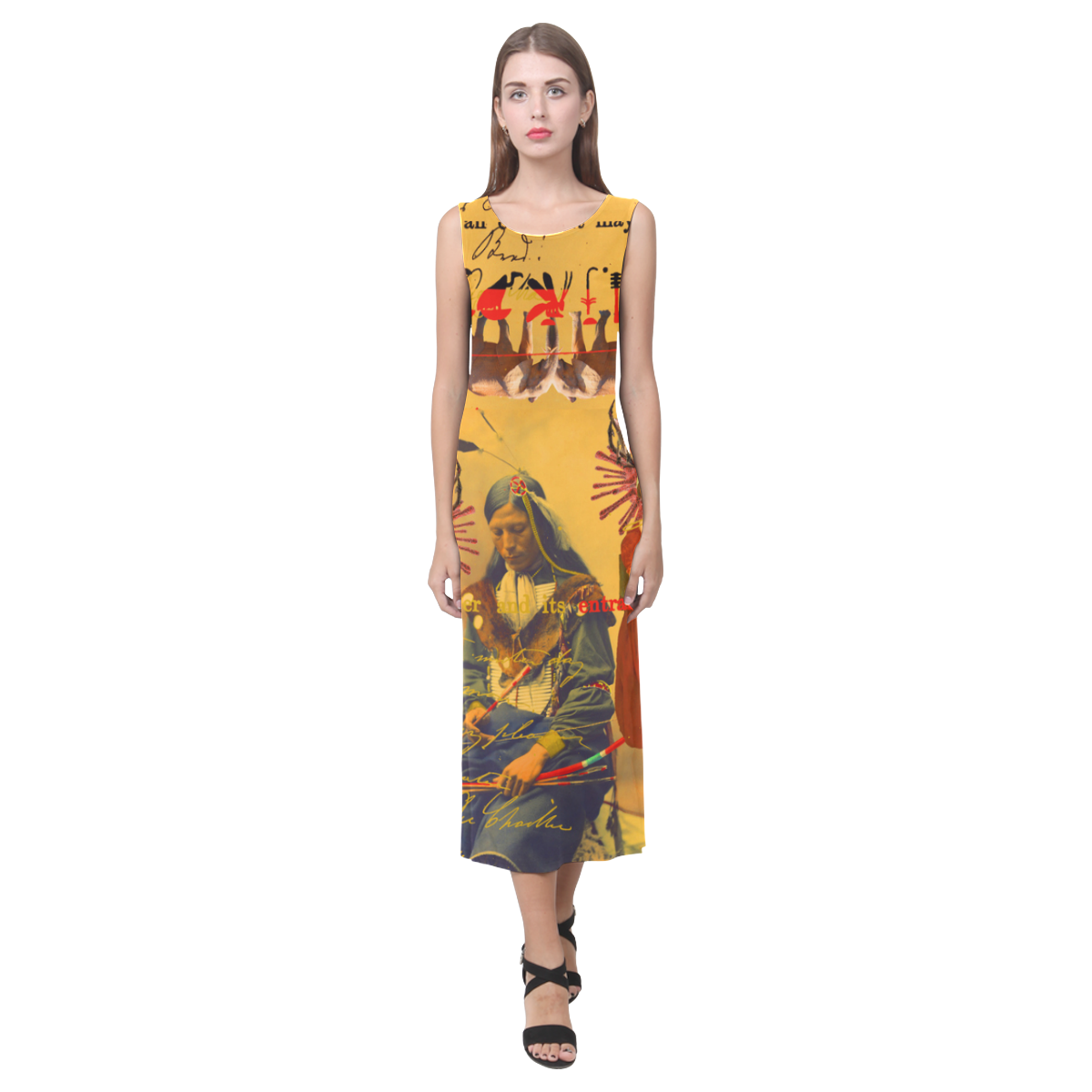 A vibrant sleeveless dress featuring colorful collages, made from soft polyester and spandex blend, perfect for summer wear.