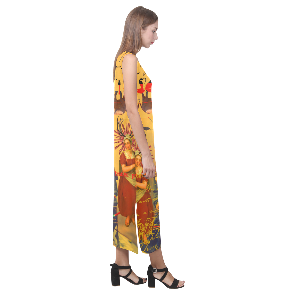 A vibrant sleeveless dress featuring colorful collages, made from soft polyester and spandex blend, perfect for summer wear.