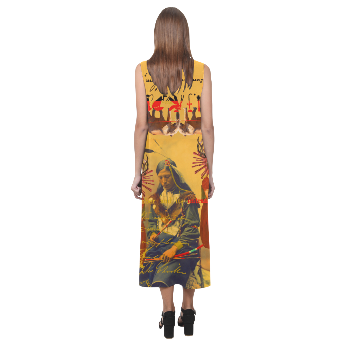 A vibrant sleeveless dress featuring colorful collages, made from soft polyester and spandex blend, perfect for summer wear.