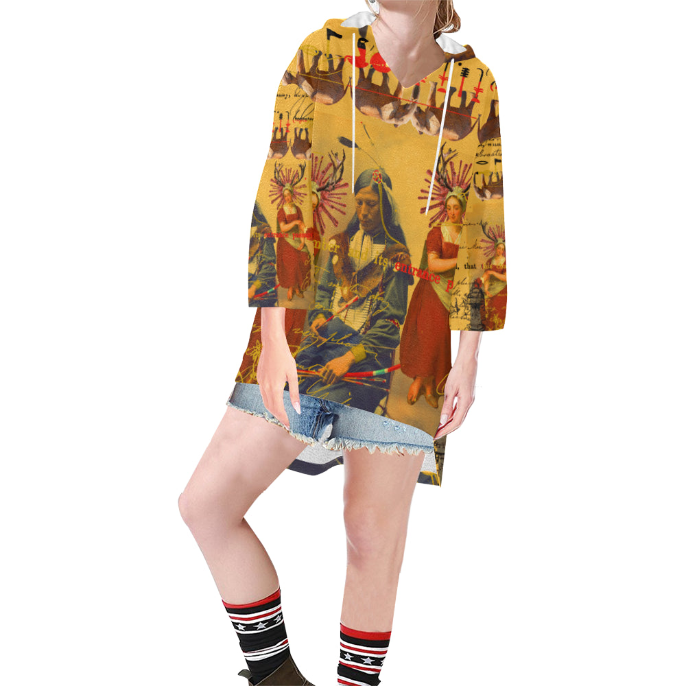 The Old Photo I Unisex Step Hem Tunic Hoodie featuring vibrant collage designs, drawstring hood, and oversized silhouette.