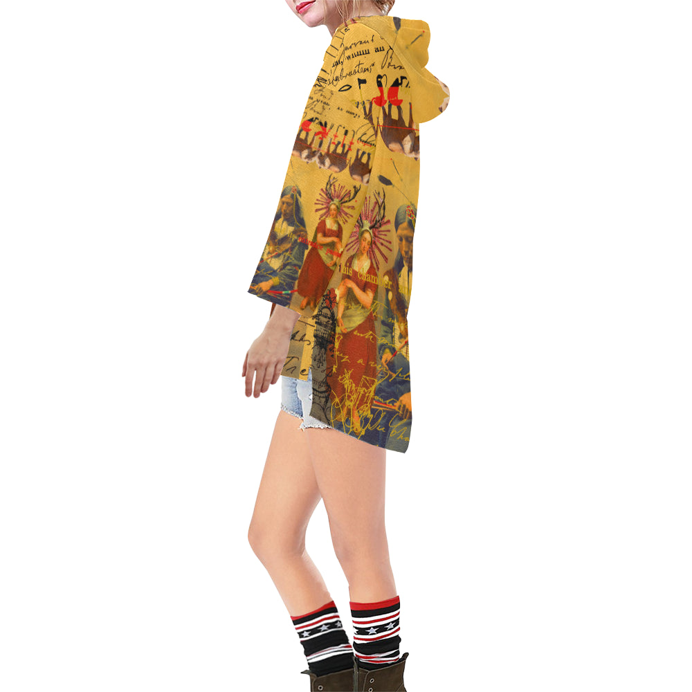 The Old Photo I Unisex Step Hem Tunic Hoodie featuring vibrant collage designs, drawstring hood, and oversized silhouette.