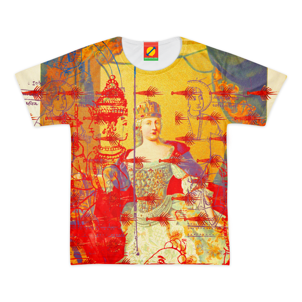 A vibrant women's tee shirt featuring an all-over print of red lobsters on a colorful background, made from 100% cotton.