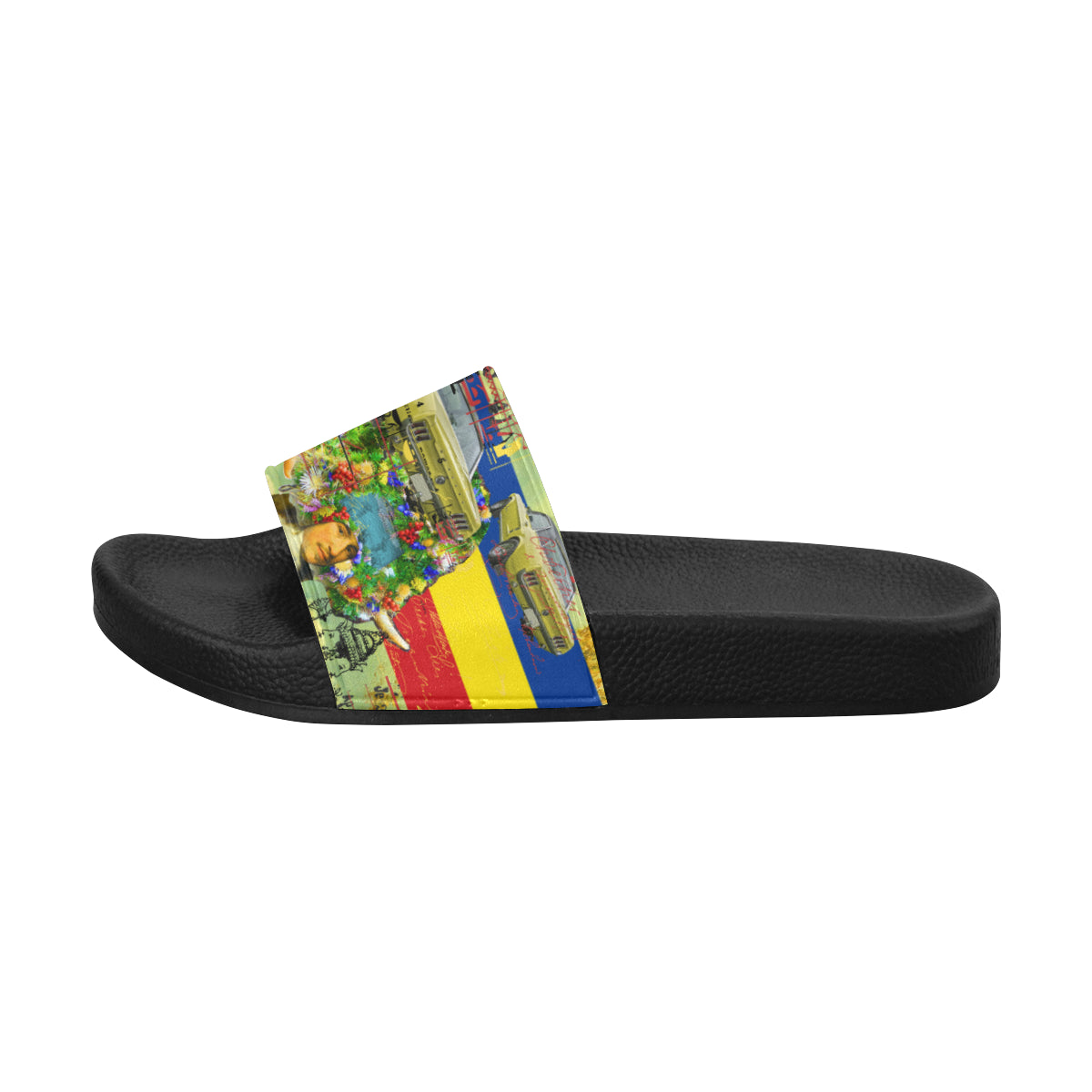 THE PARKING LOT Women's Printed Slides featuring a colorful strap and cushioned sole, perfect for casual wear.