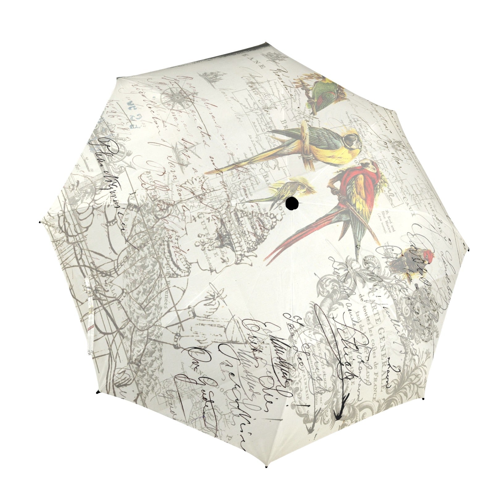 THE PARROT MAP III Semi-Automatic Foldable Umbrella showcasing vibrant collage designs and a comfortable foam handle.