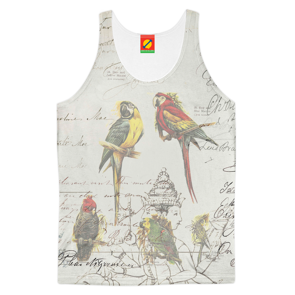 THE PARROT MAP II Women's All Over Print Tank Top featuring vibrant colors and a high-resolution sublimation print design.