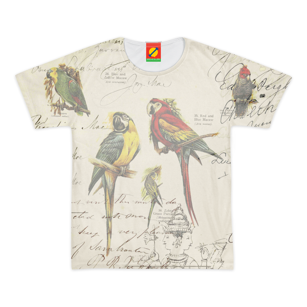 THE PARROT MAP II Women's All Over Print Tee featuring vibrant colors and a classic round neck design, made from 100% cotton.