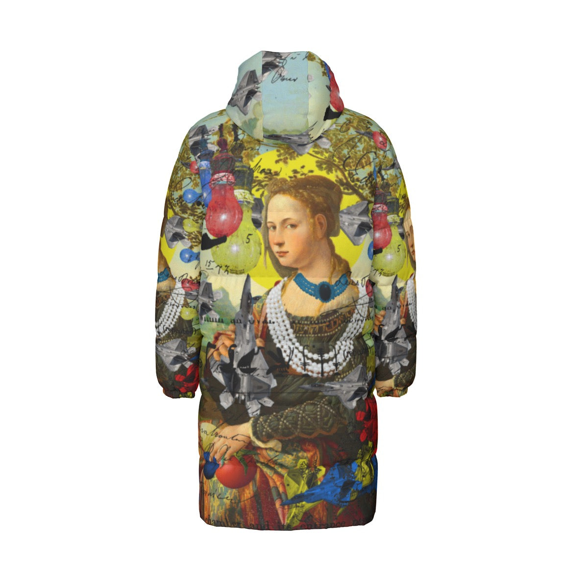 The PLANE TECHNICIAN All-Over Print Unisex Long Down jacket featuring a vibrant collage print, double zipper, and side pockets.