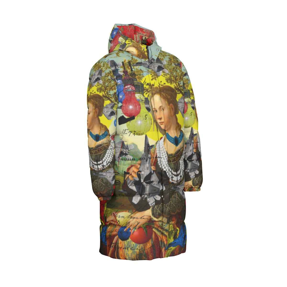The PLANE TECHNICIAN All-Over Print Unisex Long Down jacket featuring a vibrant collage print, double zipper, and side pockets.