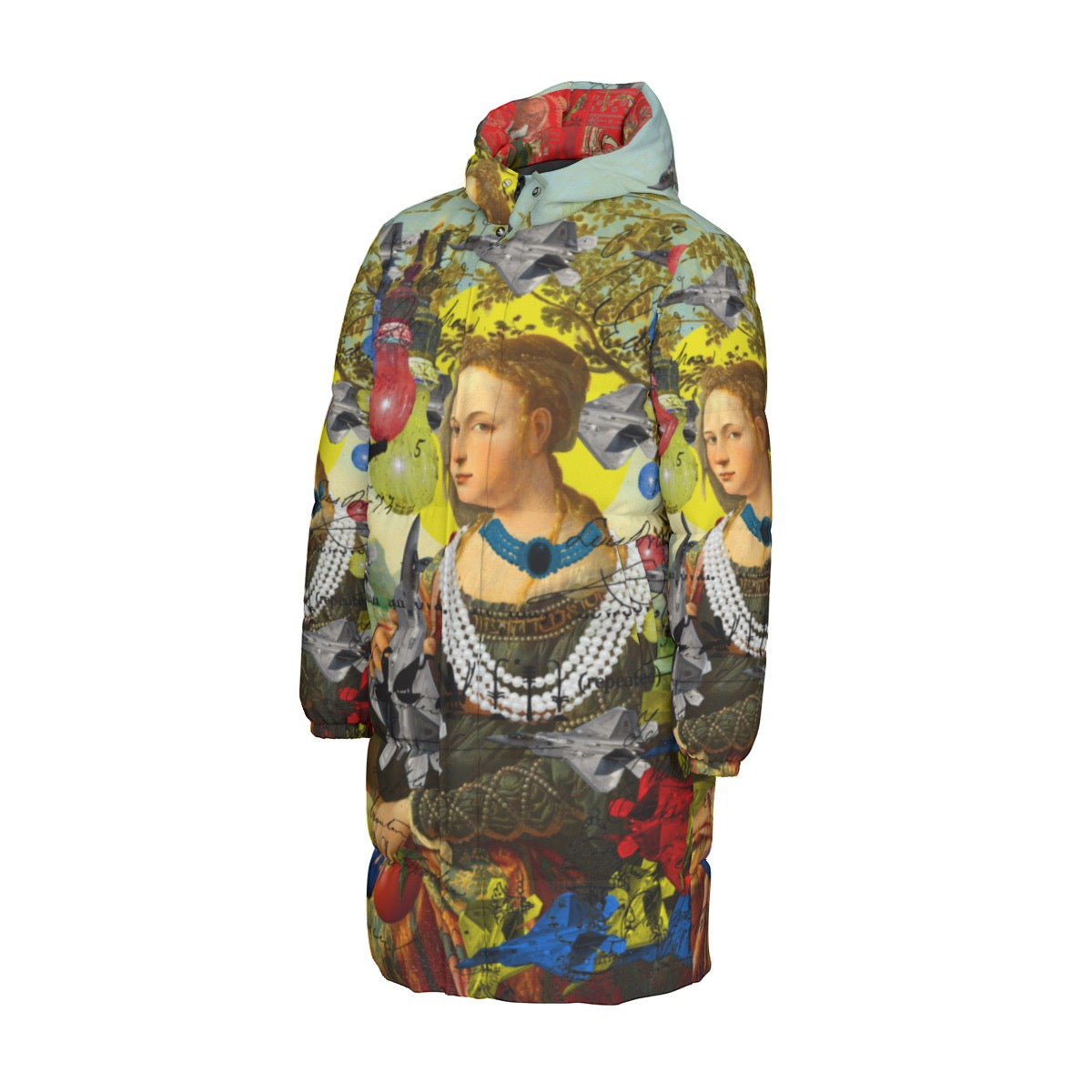 The PLANE TECHNICIAN All-Over Print Unisex Long Down jacket featuring a vibrant collage print, double zipper, and side pockets.