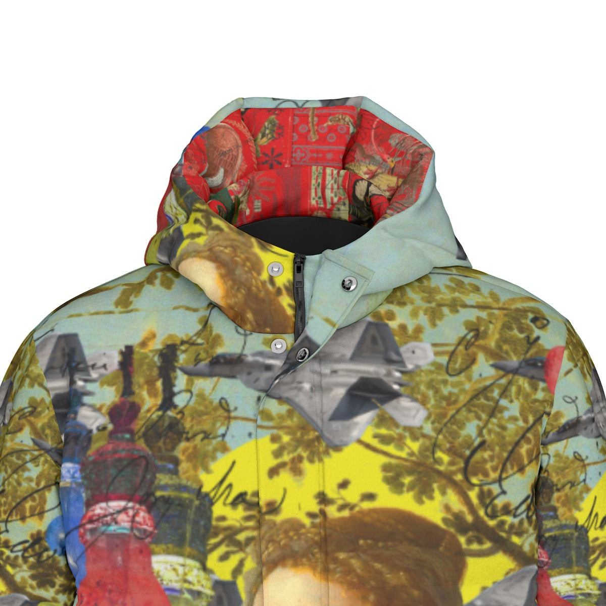 The PLANE TECHNICIAN All-Over Print Unisex Long Down jacket featuring a vibrant collage print, double zipper, and side pockets.
