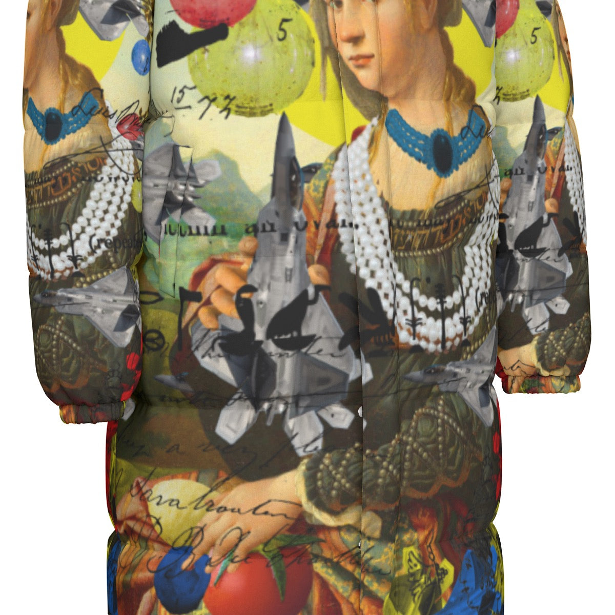 The PLANE TECHNICIAN All-Over Print Unisex Long Down jacket featuring a vibrant collage print, double zipper, and side pockets.