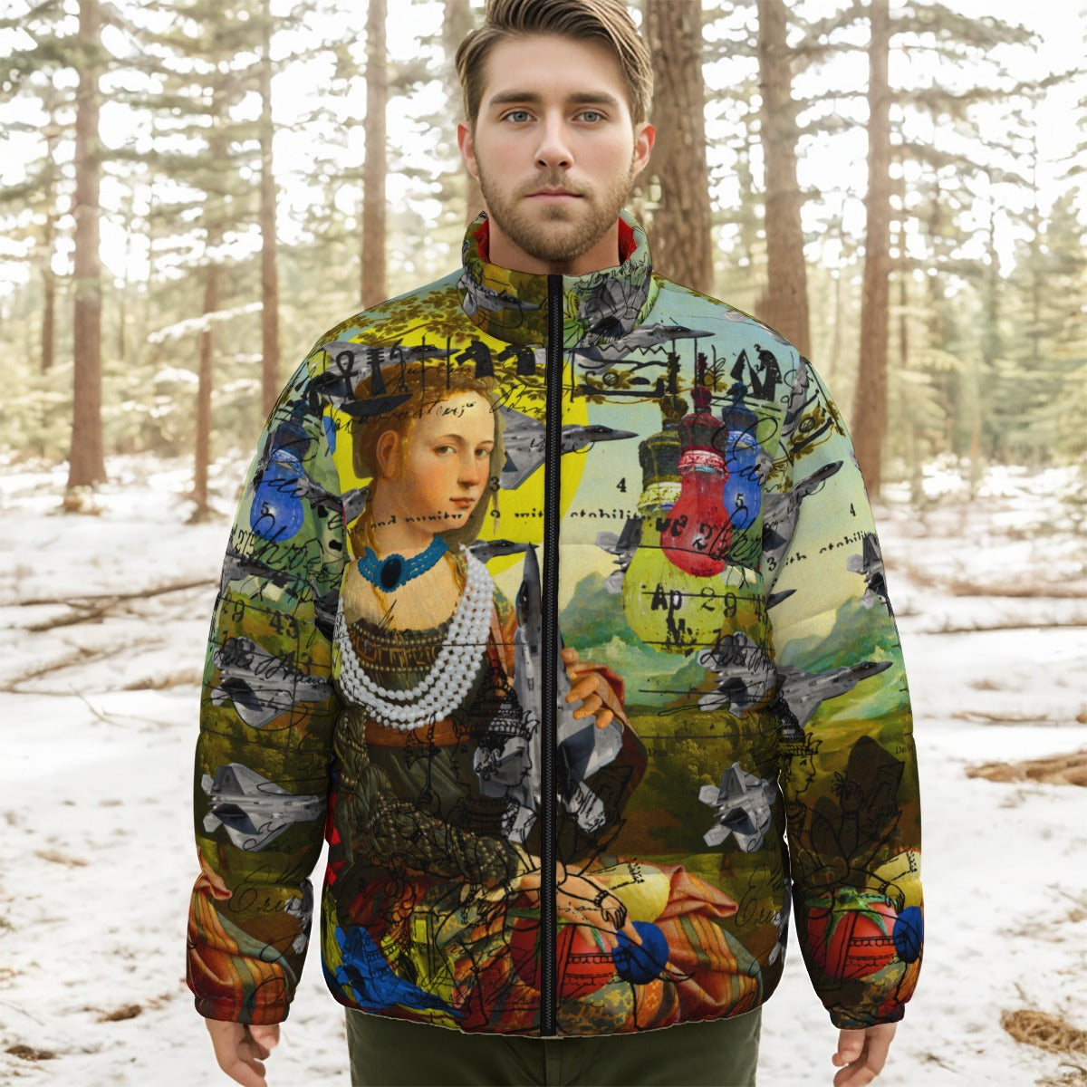 THE PLANE TECHNICIAN Unisex Stand-up jacket featuring vibrant all-over print, showcasing its stylish design and durable windproof material.