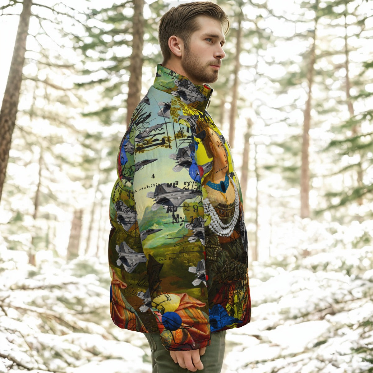THE PLANE TECHNICIAN Unisex Stand-up jacket featuring vibrant all-over print, showcasing its stylish design and durable windproof material.