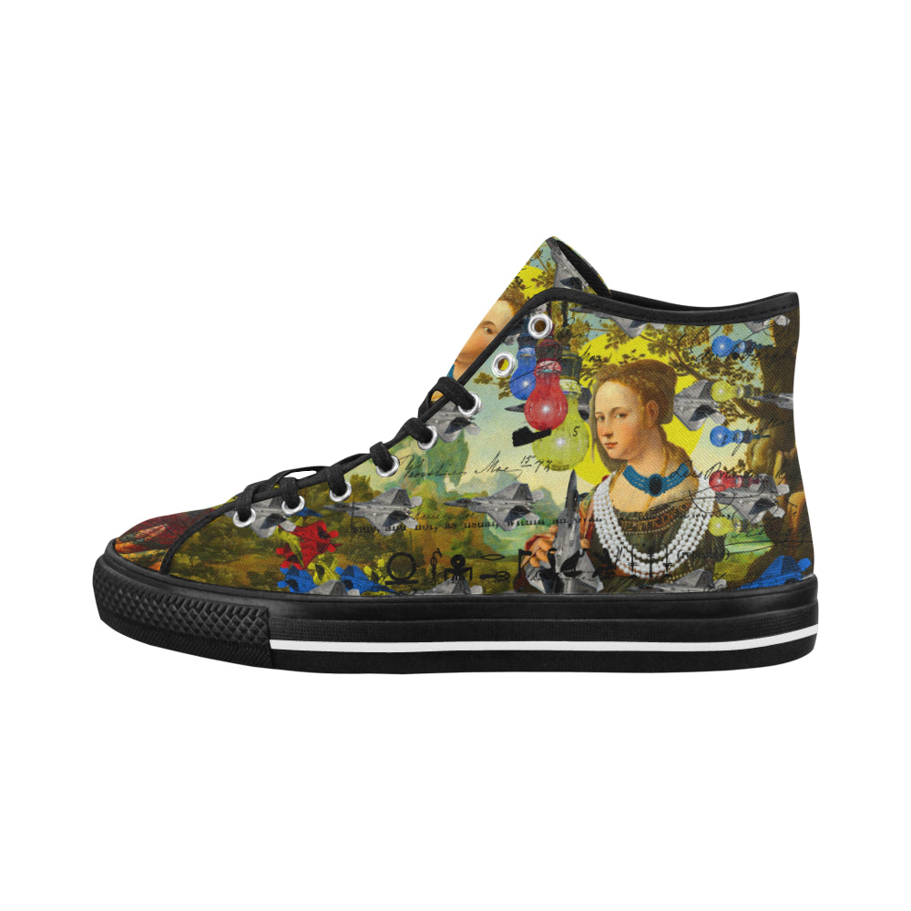 Men's all over print canvas sneakers featuring a unique design, lace-up closure, and durable rubber outsole.
