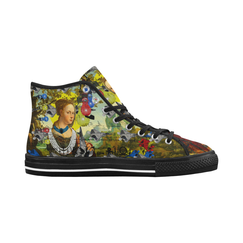 Men's all over print canvas sneakers featuring a unique design, lace-up closure, and durable rubber outsole.
