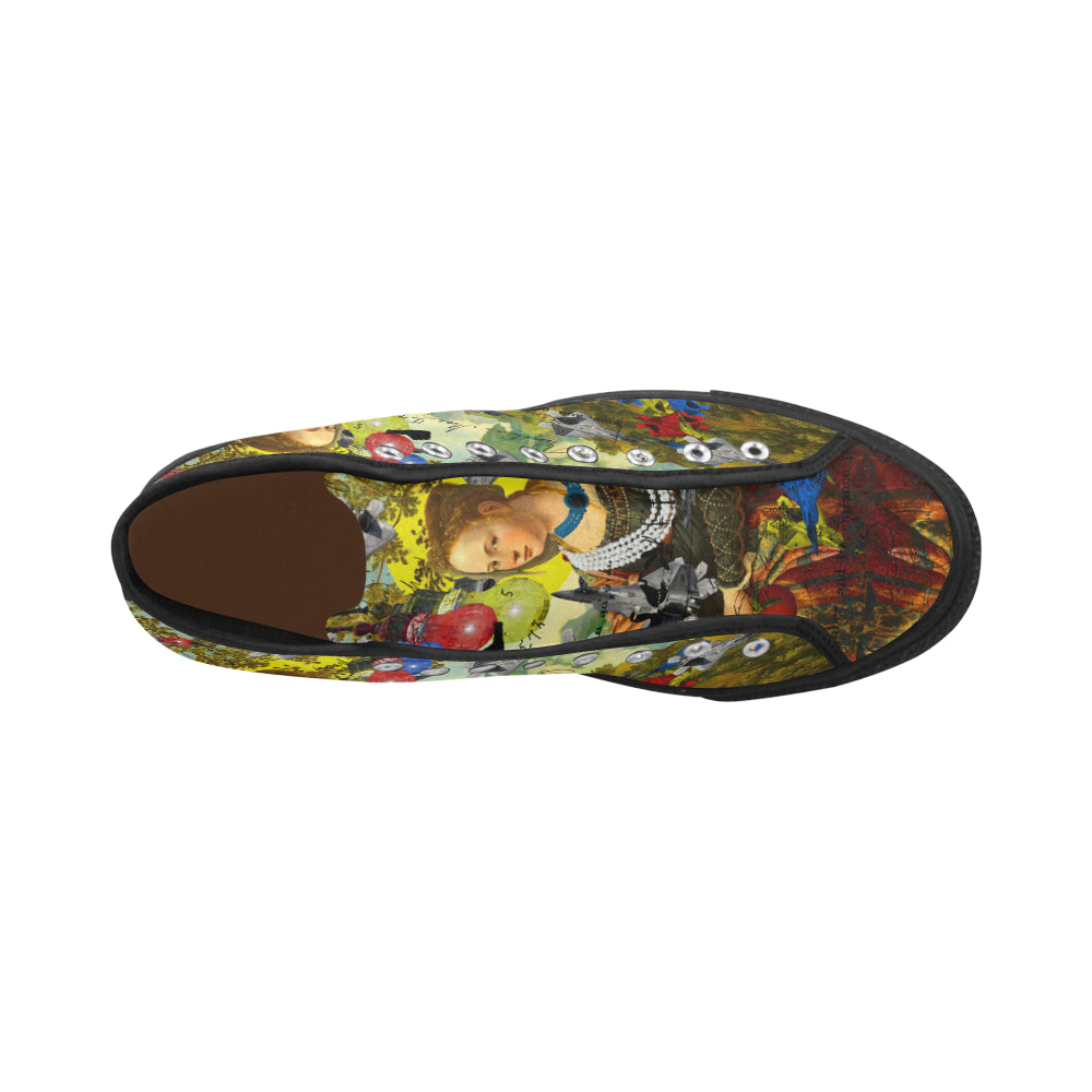 Men's all over print canvas sneakers featuring a unique design, lace-up closure, and durable rubber outsole.