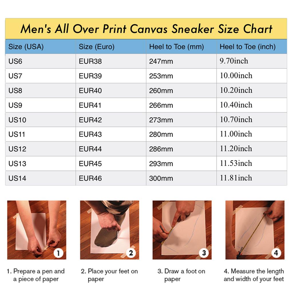 Men's all over print canvas sneakers featuring a unique design, lace-up closure, and durable rubber outsole.