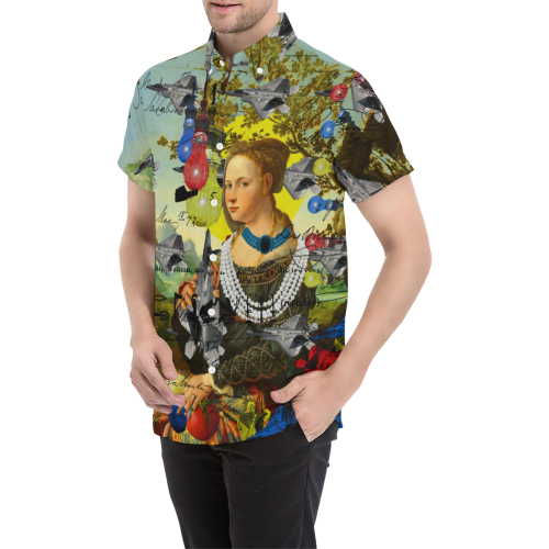 Men's all over print short sleeve shirt with button down collar, featuring vibrant colors and a stylish design.