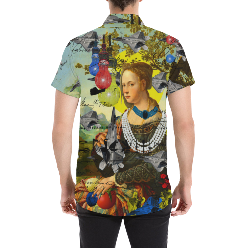 Men's all over print short sleeve shirt with button down collar, featuring vibrant colors and a stylish design.