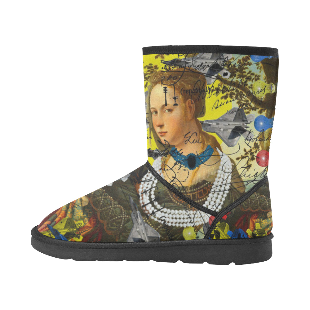 Vibrant unisex snow boots featuring an all-over art collage design, lightweight and stylish for winter wear.