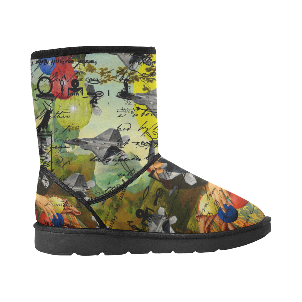 Vibrant unisex snow boots featuring an all-over art collage design, lightweight and stylish for winter wear.