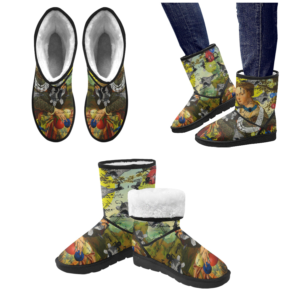 Vibrant unisex snow boots featuring an all-over art collage design, lightweight and stylish for winter wear.