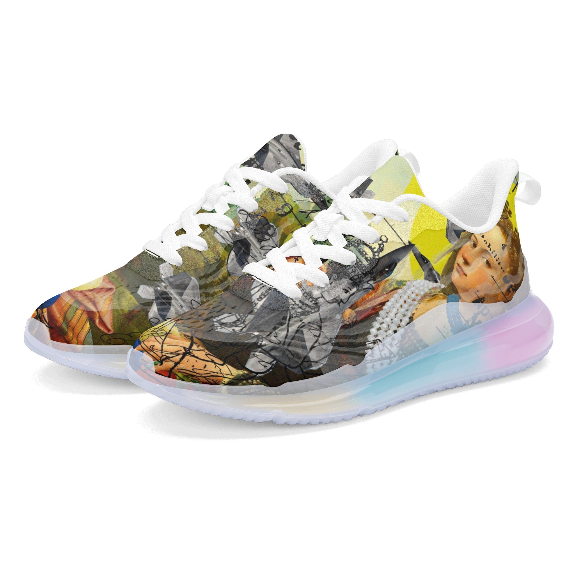 A pair of THE PLANE TECHNICIAN Unisex Pastel Translucent Air Sole shoes showcasing vibrant colors and a unique design.