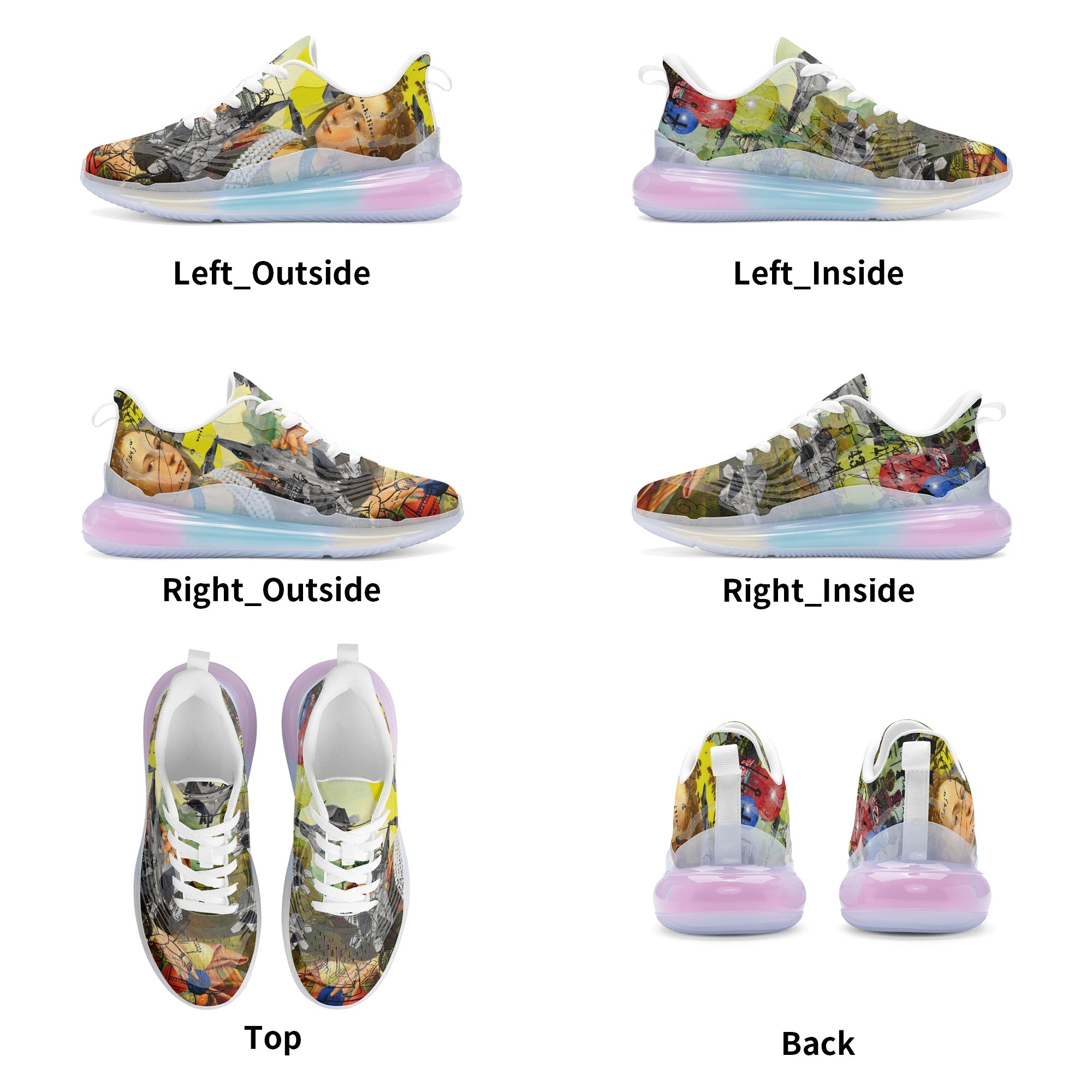 A pair of THE PLANE TECHNICIAN Unisex Pastel Translucent Air Sole shoes showcasing vibrant colors and a unique design.
