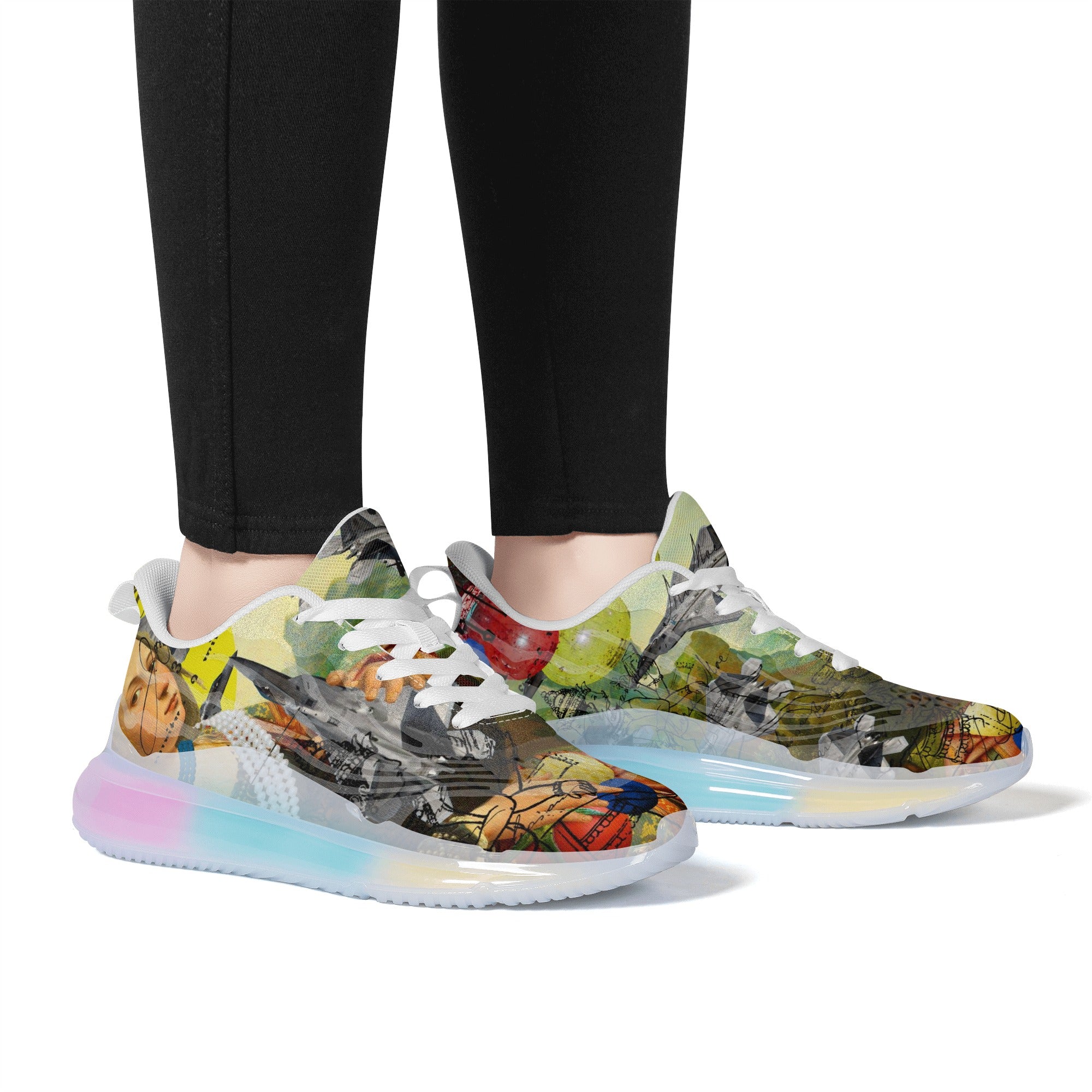 A pair of THE PLANE TECHNICIAN Unisex Pastel Translucent Air Sole shoes showcasing vibrant colors and a unique design.