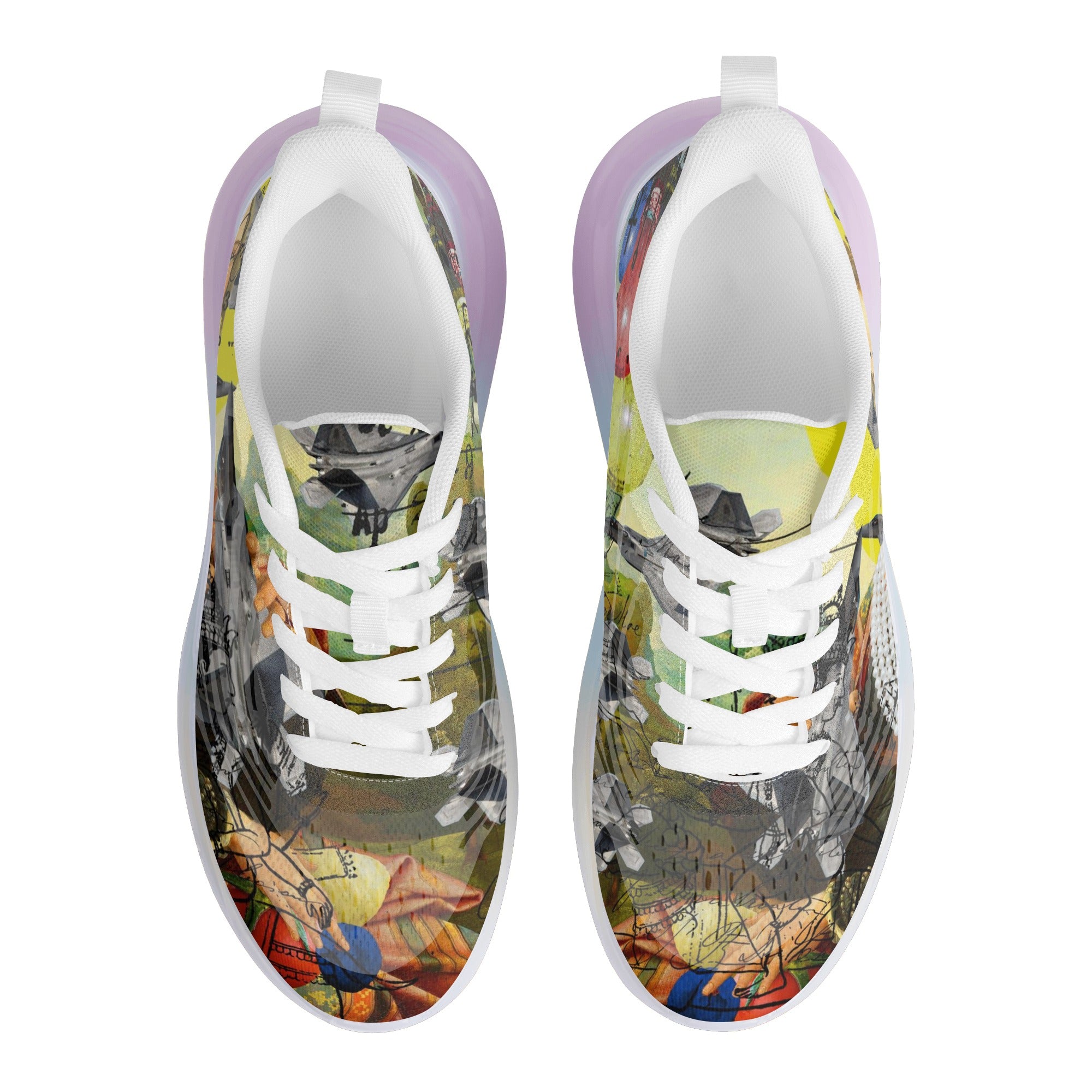 A pair of THE PLANE TECHNICIAN Unisex Pastel Translucent Air Sole shoes showcasing vibrant colors and a unique design.