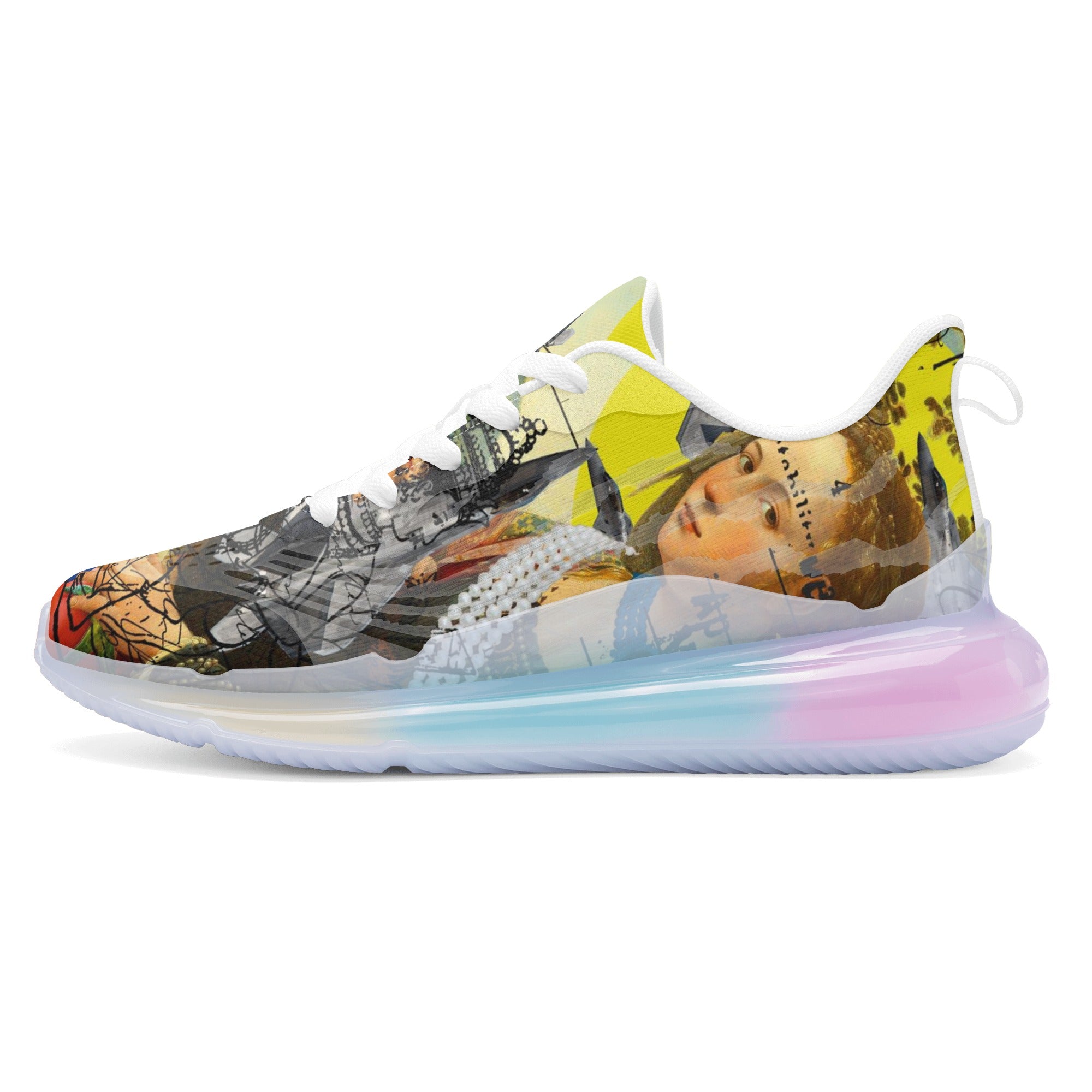 A pair of THE PLANE TECHNICIAN Unisex Pastel Translucent Air Sole shoes showcasing vibrant colors and a unique design.