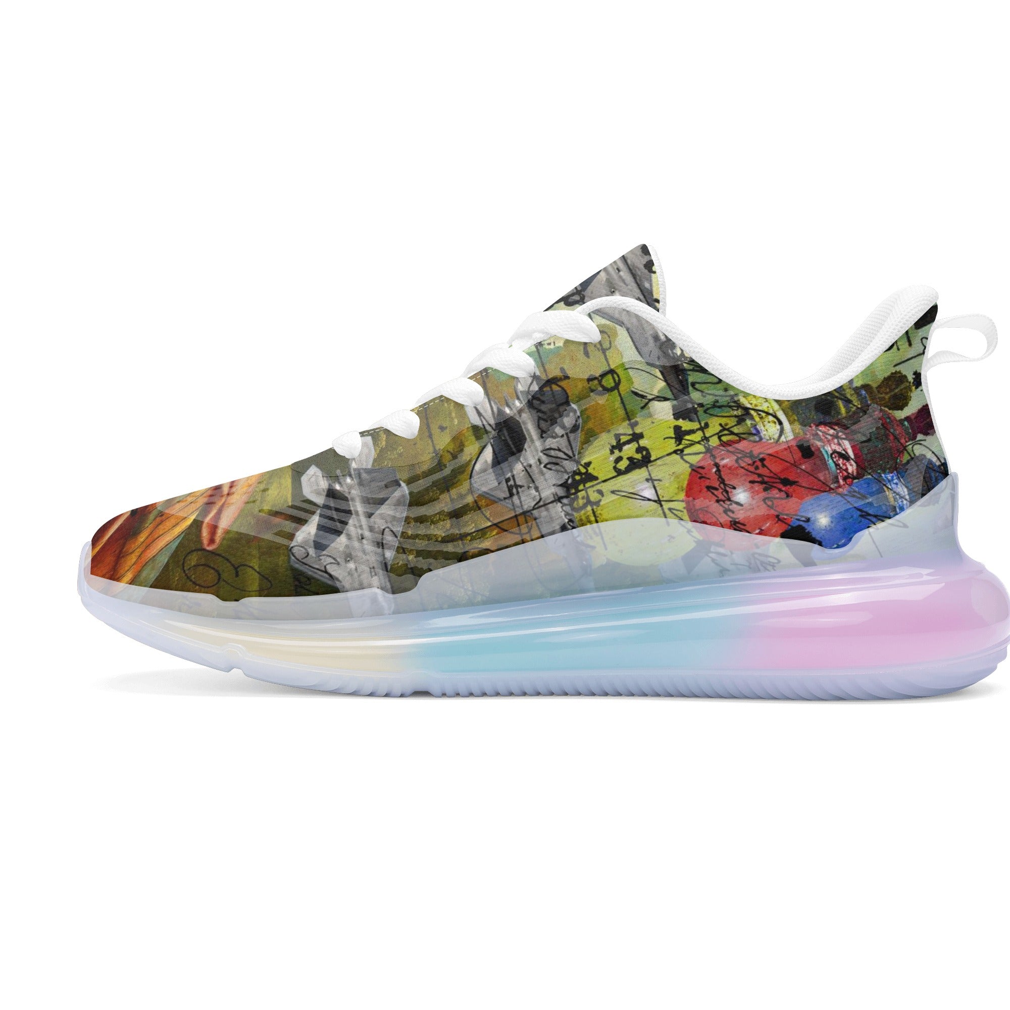 A pair of THE PLANE TECHNICIAN Unisex Pastel Translucent Air Sole shoes showcasing vibrant colors and a unique design.