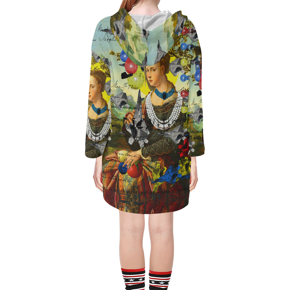 A vibrant unisex tunic hoodie featuring a drawstring hood, v-neckline, and step hem, designed for comfort and style.