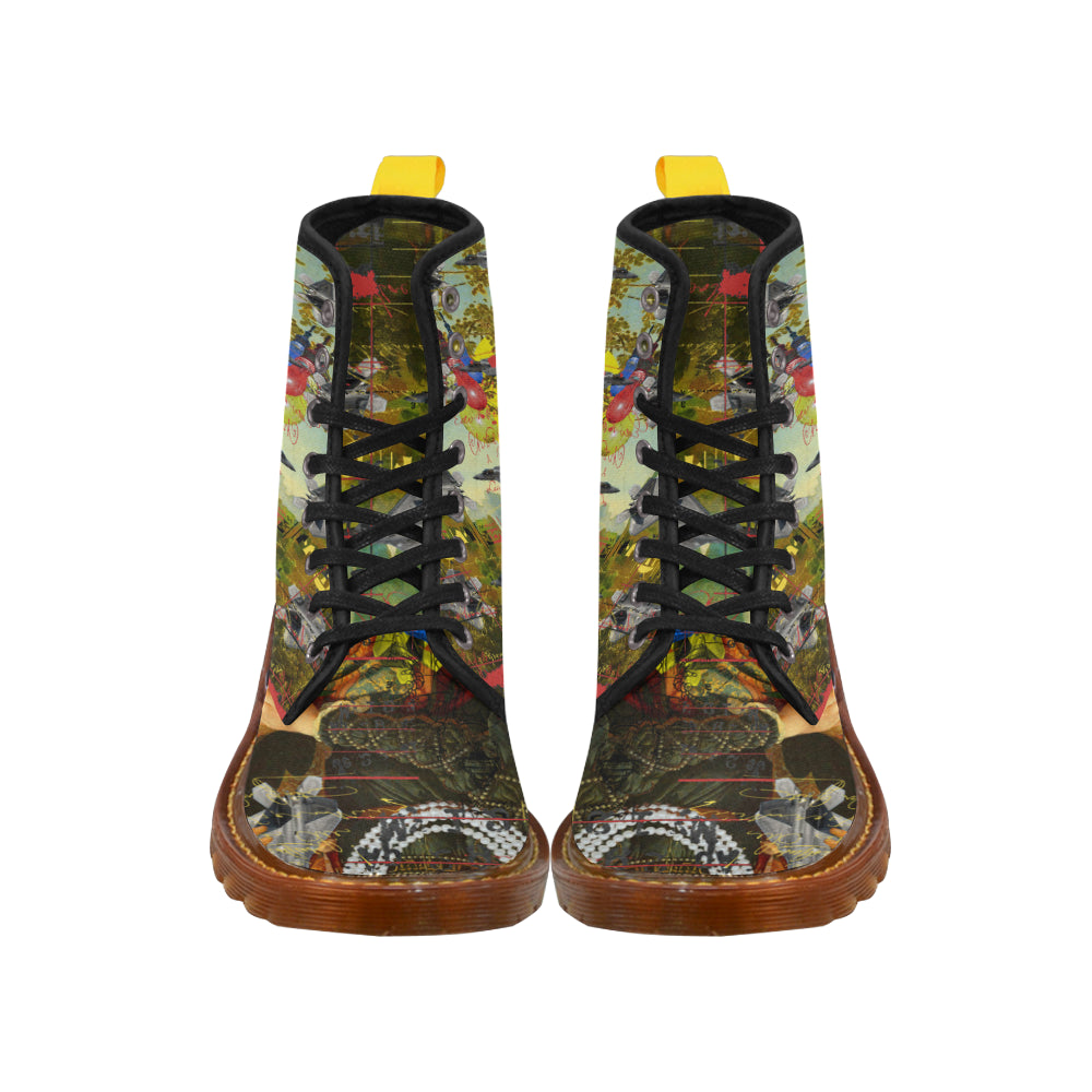 Stylish women's high boots featuring an all over print design, made from durable nylon canvas with a translucent rubber sole.