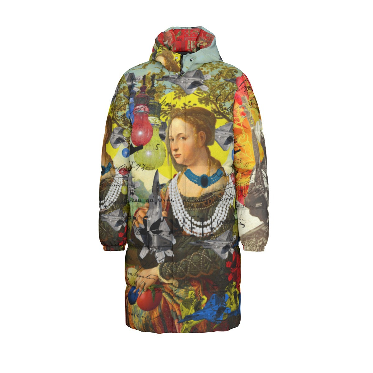 A stylish down puffer jacket featuring a vibrant all-over print collage design, perfect for winter wear.