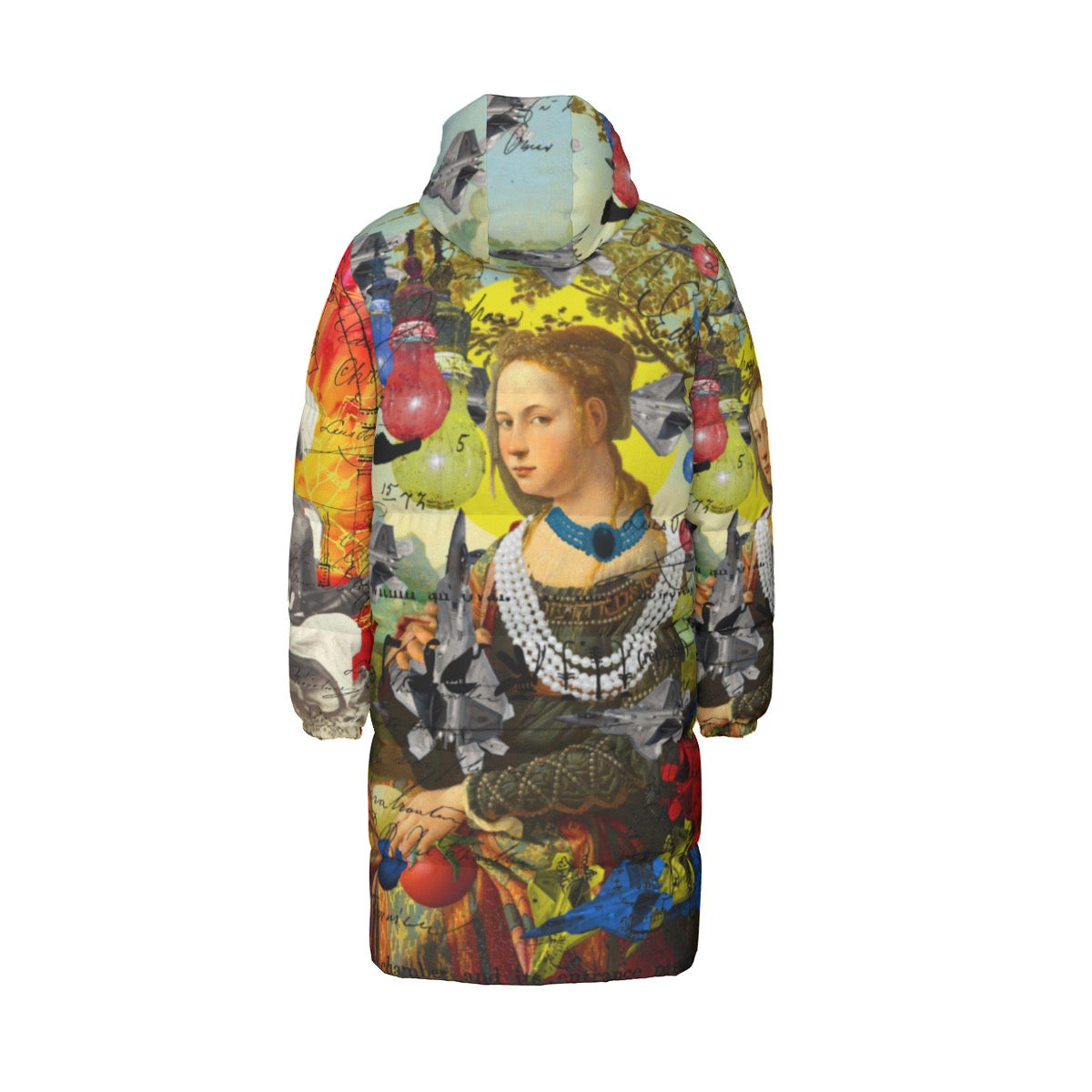 A stylish down puffer jacket featuring a vibrant all-over print collage design, perfect for winter wear.