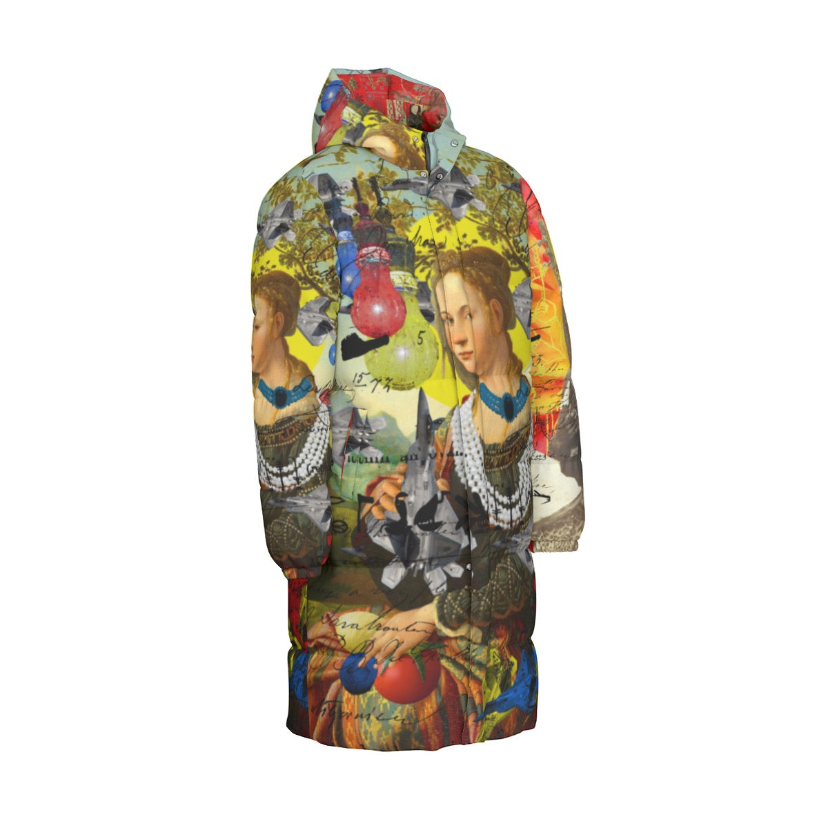 A stylish down puffer jacket featuring a vibrant all-over print collage design, perfect for winter wear.