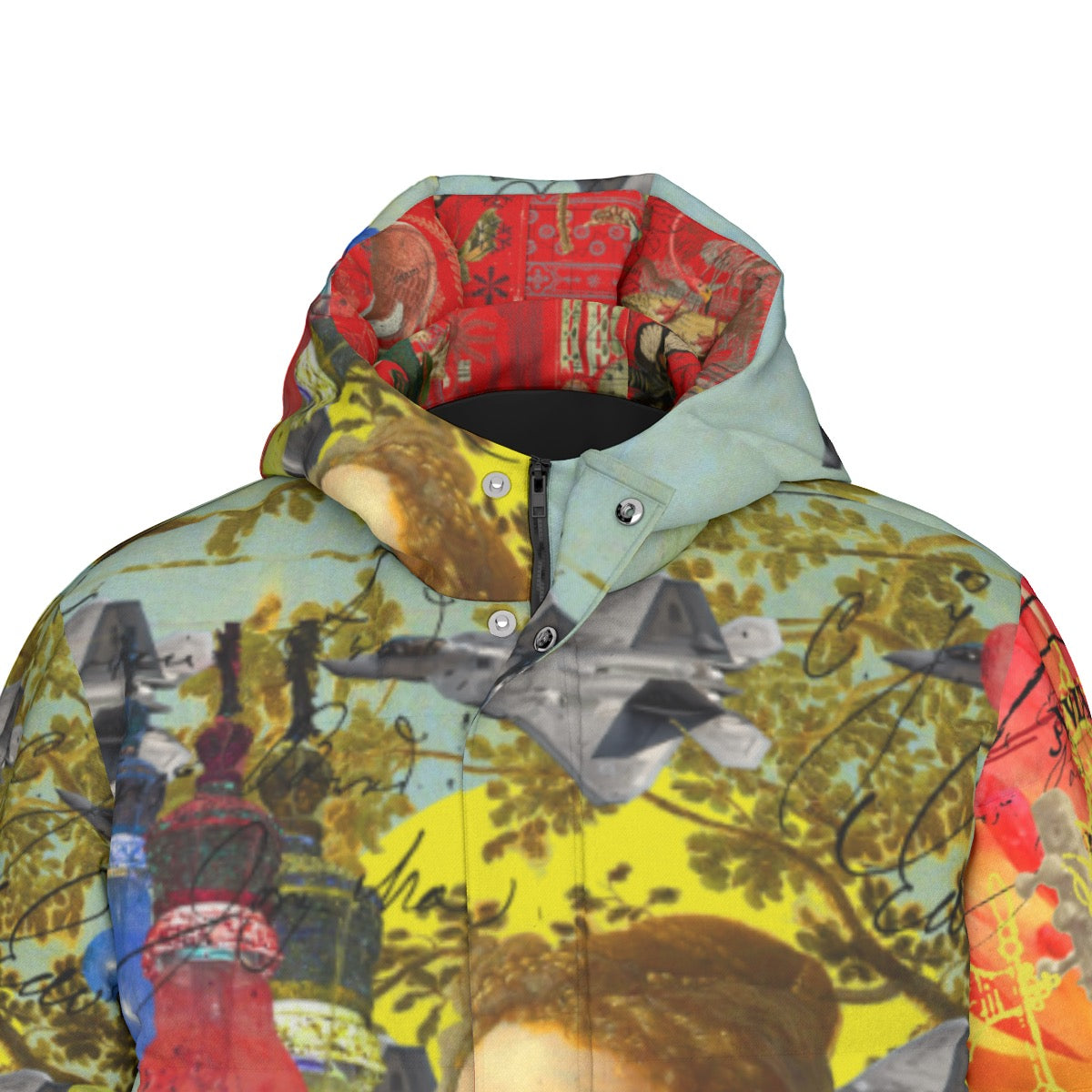 A stylish down puffer jacket featuring a vibrant all-over print collage design, perfect for winter wear.