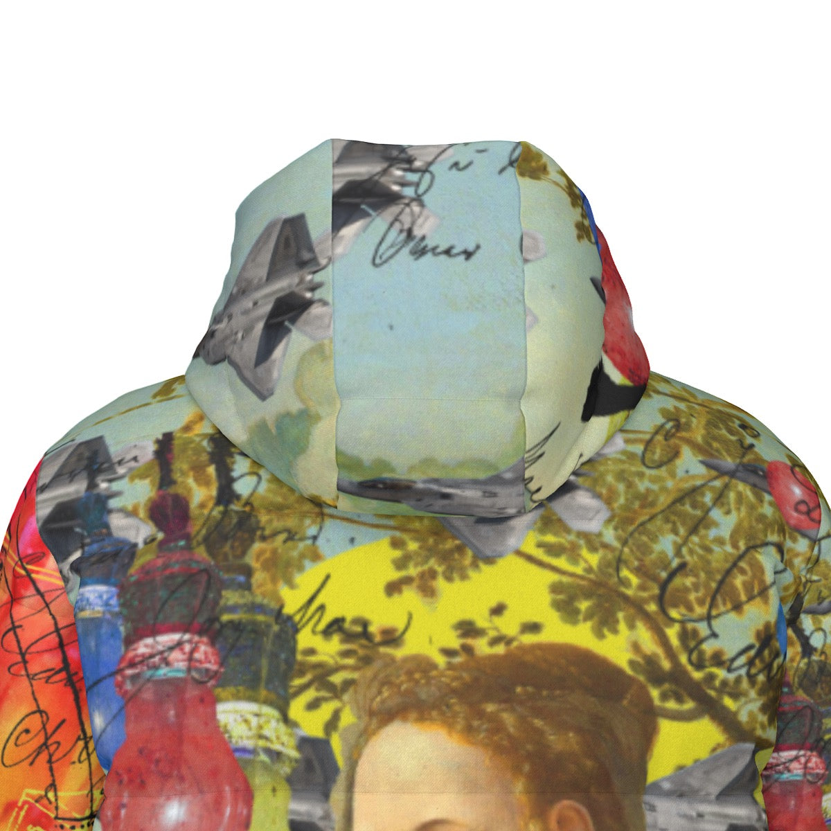 A stylish down puffer jacket featuring a vibrant all-over print collage design, perfect for winter wear.