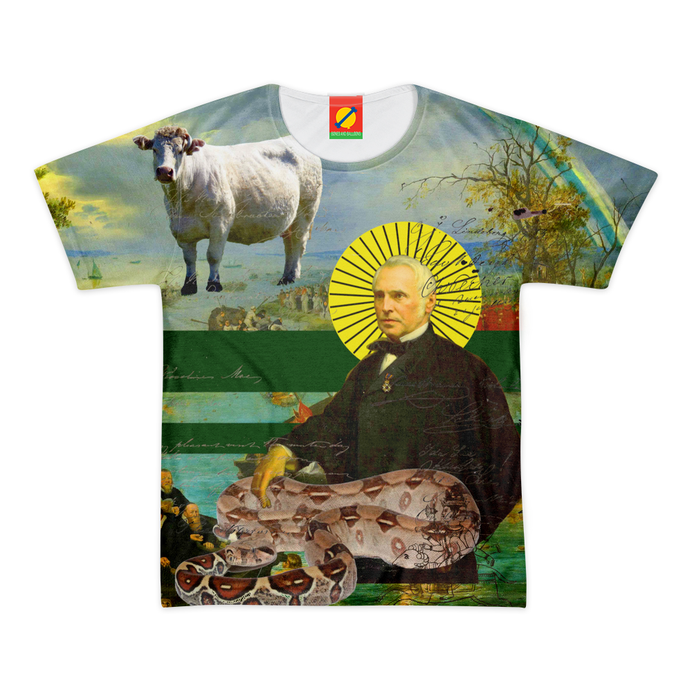 Vibrant women's tee shirt featuring a colorful print of a saint, snake, and cow, made from 100% cotton.