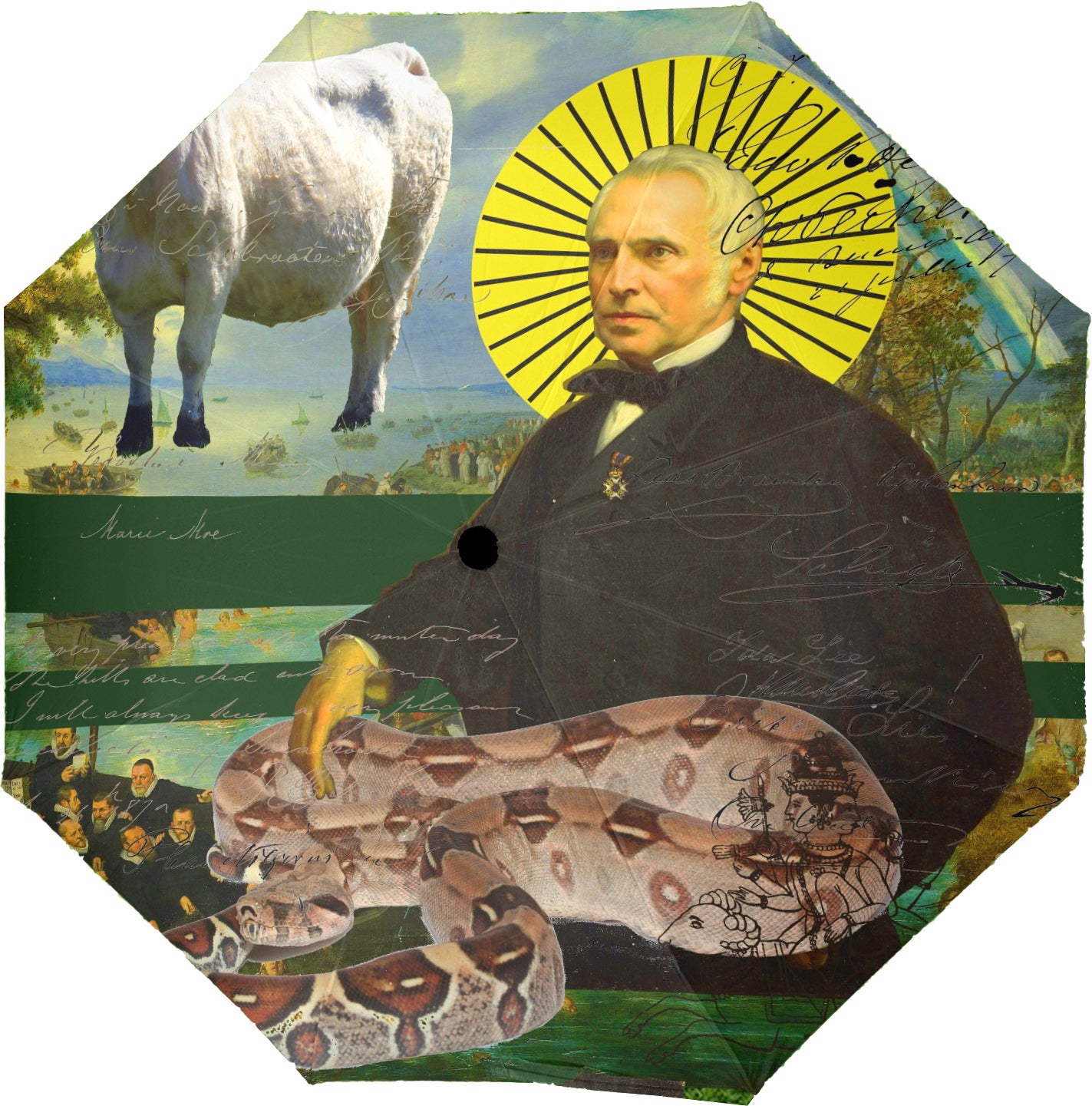 A large, vibrant umbrella featuring artistic collages of a saint, a snake, and a cow, showcasing its waterproof fabric and sturdy design.