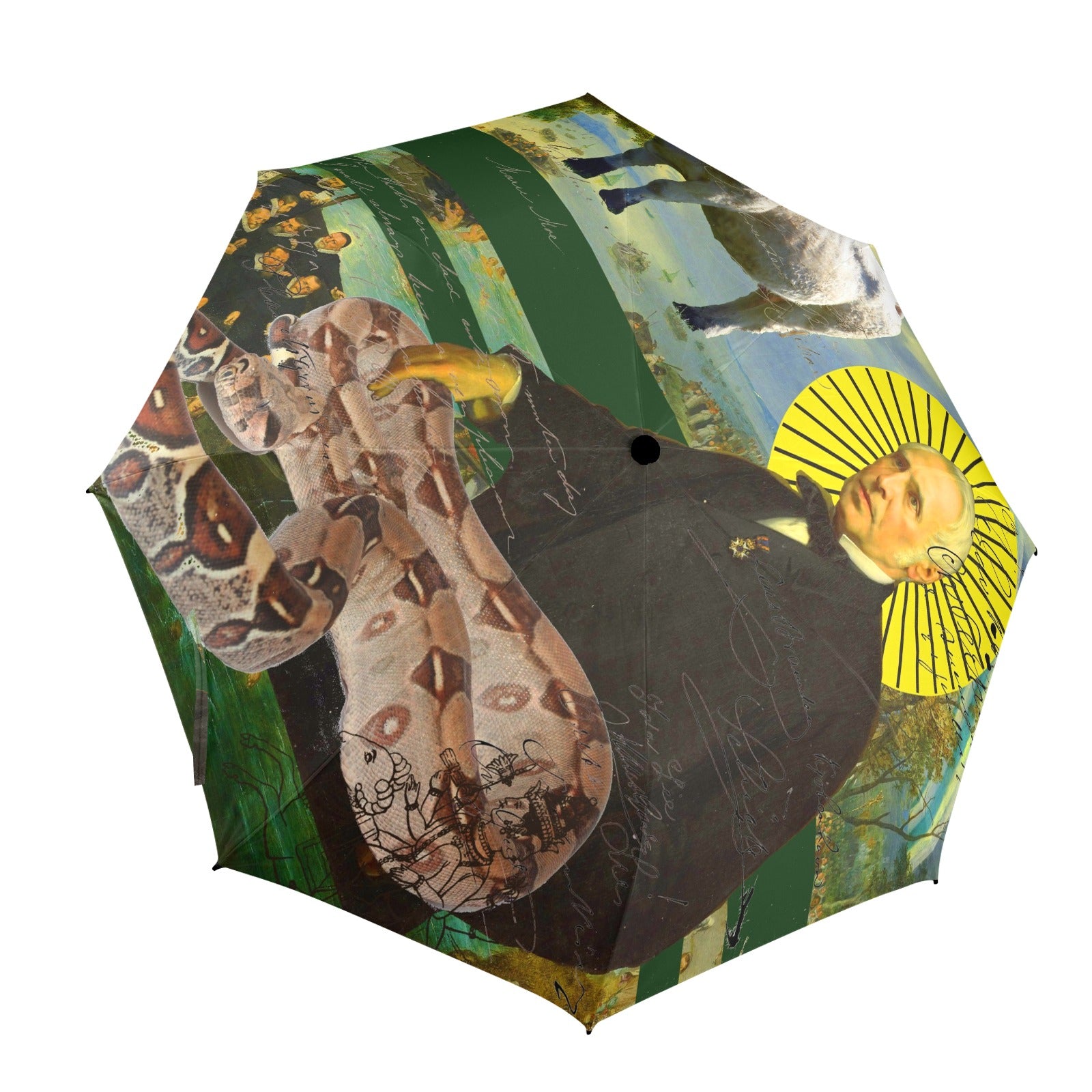 A large, vibrant umbrella featuring artistic collages of a saint, a snake, and a cow, showcasing its waterproof fabric and sturdy design.